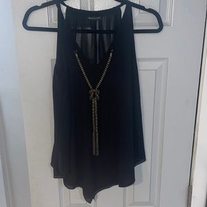 Jella couture, size small, flowy, black, blouse with connected necklace chain